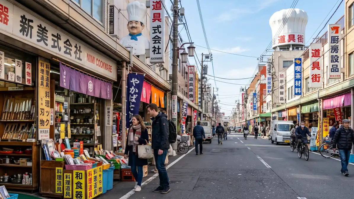 Guía para comprar cuchillos japoneses en kappabashi: tipos y mantenimiento - tiendas barrio kappabashi tokio Vista general de la calle comercial de kappabashi en tokio con las mejores tiendas para comprar cuchillos japoneses y utensilios de cocina