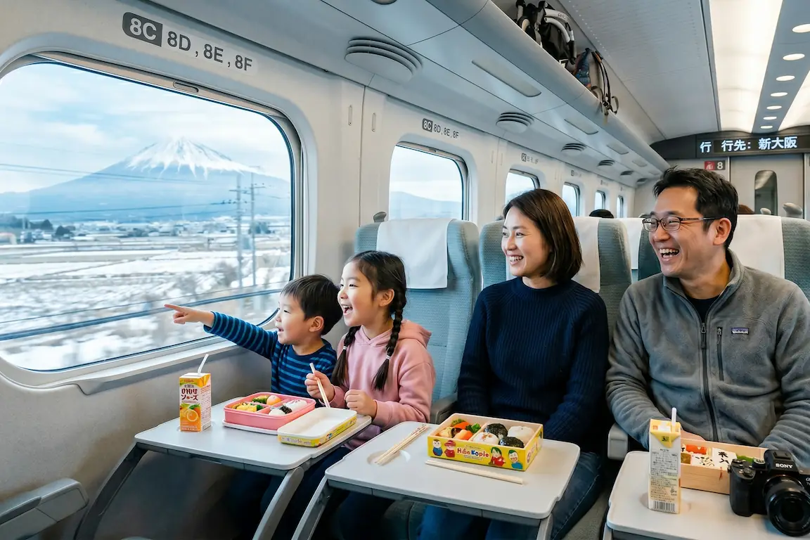 Guía para viajar a japón con niños: consejos y rutas - viajar a japon con ninos tren bala comodidad 2026 Una familia real con niños sentada cómodamente junto a la ventana de un shinkansen, mirando el paisaje rural de japón. Viajar a japón con niños es muy cómodo