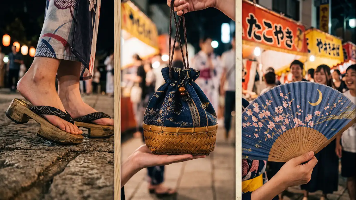 Guía para vestir el yukata en los festivales de verano en japón - accesorios tradicionales matsuri japon geta kinchaku sensu Un primer plano de los pies de una persona usando sandalias geta tradicionales japonesas en un festival nocturno. Un primer plano de un bolso kinchaku tradicional japonés sostenido por cordones en un festival. Un primer plano de un abanico sensu tradicional japonés abierto en un festival