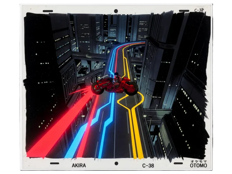 El verdadero origen del cyberpunk anime en japón y el impacto de akira y ghost in the shell - anime estetica distopica akira Dibujo original de animación de la moto roja de kaneda circulando por una autopista futurista iluminada de neo-tokio en el anime cyberpunk akira.
