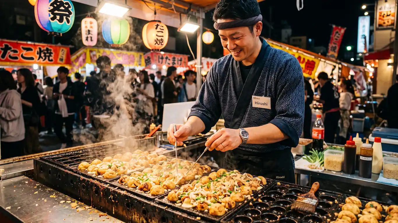 Festivales de verano en japón guía de matsuri y etiqueta - cocinero preparando takoyaki festival japon Cocinero girando bolas de takoyaki frescas en una gran plancha de hierro durante un festival nocturno en japón