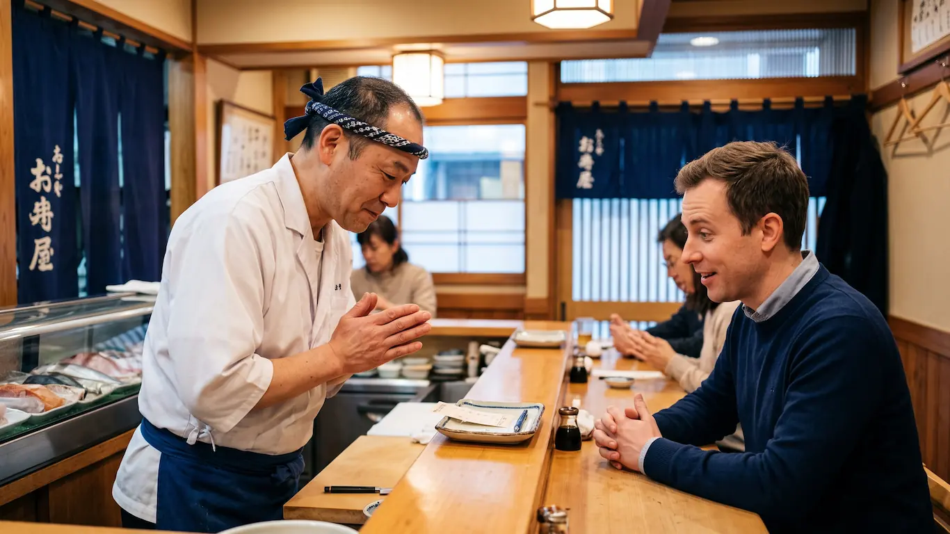 Cómo leer un menú de sushi: kanjis básicos para no pedir a ciegas - como pedir cuenta restaurante sushi modales Fotografía de un cliente occidental pidiendo la cuenta a un chef de sushi japonés en un restaurante tradicional en tokio. El chef hace una reverencia respetuosa con una cuenta en la barra de sushi