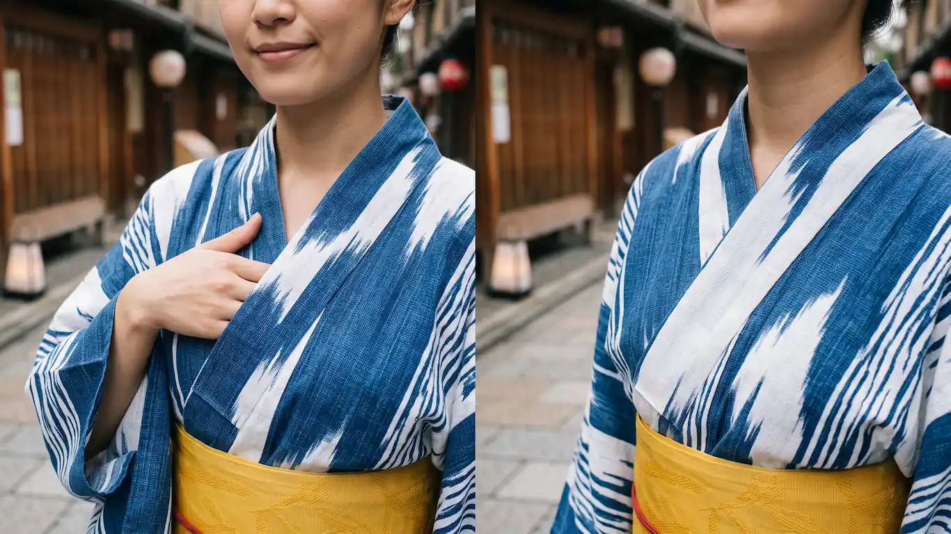Guía para vestir el yukata en los festivales de verano en japón - como ponerse collar yukata izquierda sobre derecha Una guía visual de dos paneles que muestra la forma correcta e incorrecta de cruzar el collar de un yukata. El panel izquierdo (con check verde) muestra el lado izquierdo sobre el derecho y una mano deslizada por dentro. El panel derecho (con x roja) muestra el lado derecho sobre el izquierdo (para difuntos) y una multitud preocupada.