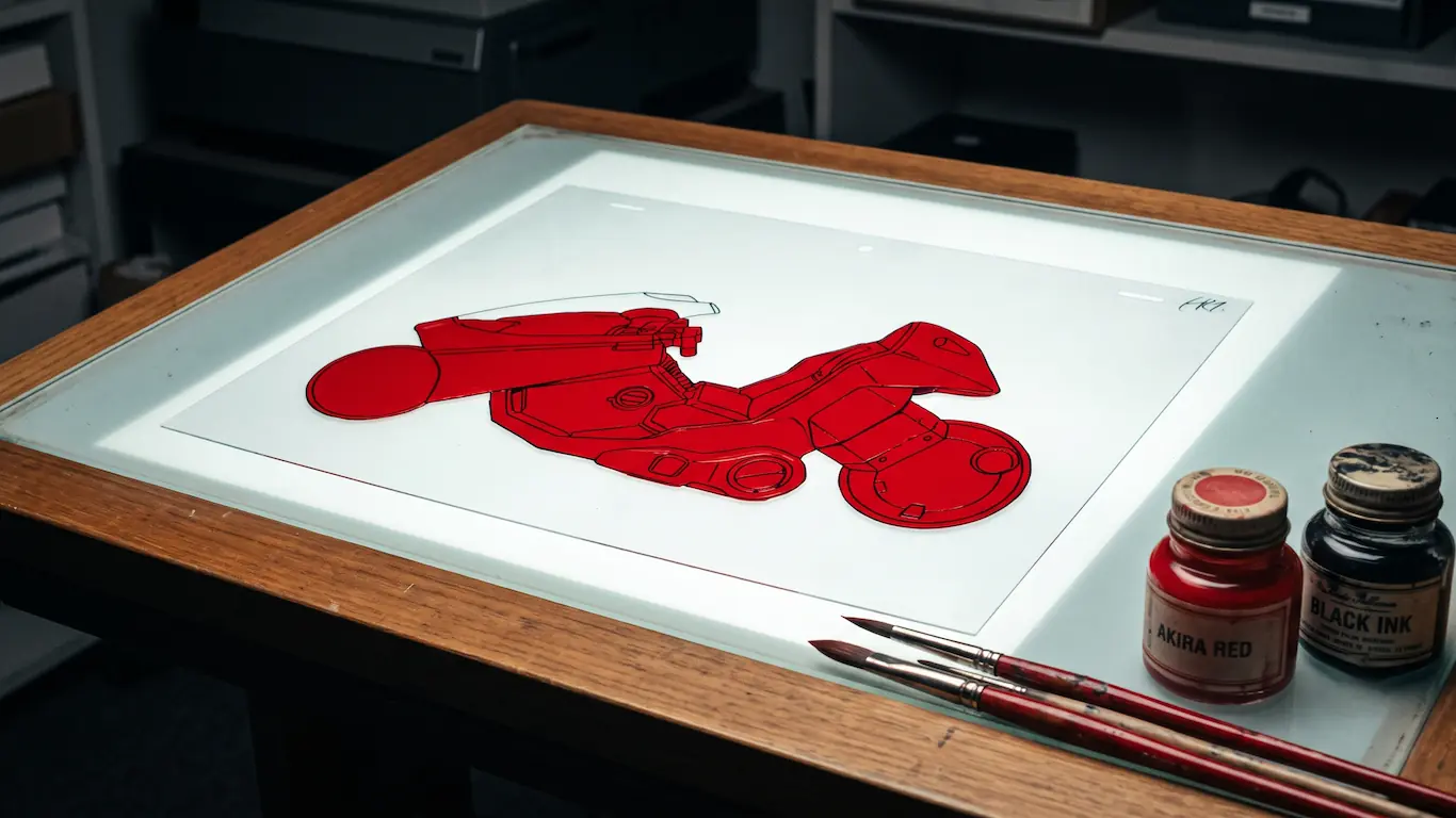Acetato original con el dibujo de la motocicleta roja de kaneda colocado sobre una mesa de luz de animación junto a botes de tinta tradicionales.