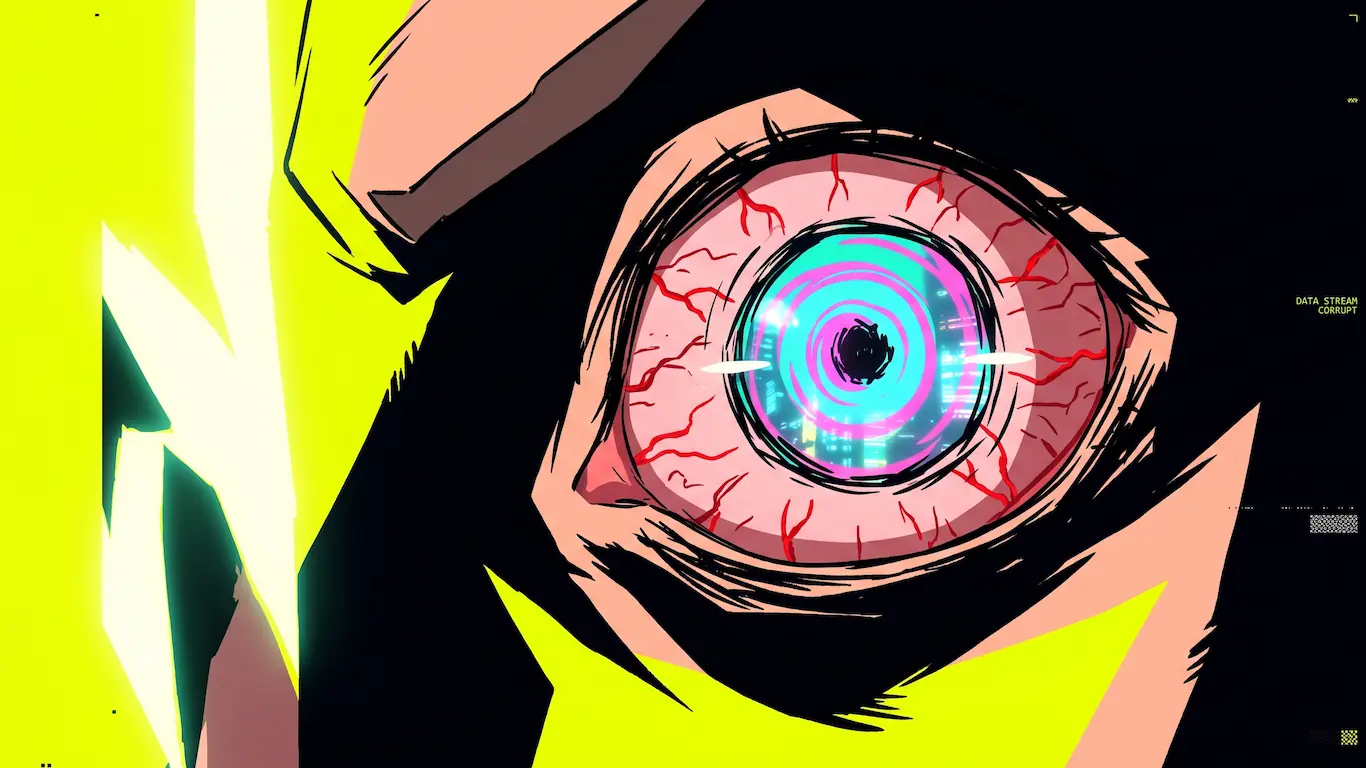 El verdadero origen del cyberpunk anime en japón y el impacto de akira y ghost in the shell - cyberpunk edgerunners ciberpsicosis Plano detalle del ojo inyectado en sangre de un personaje con la pupila dilatada reflejando las luces de night city en cyberpunk edgerunners.