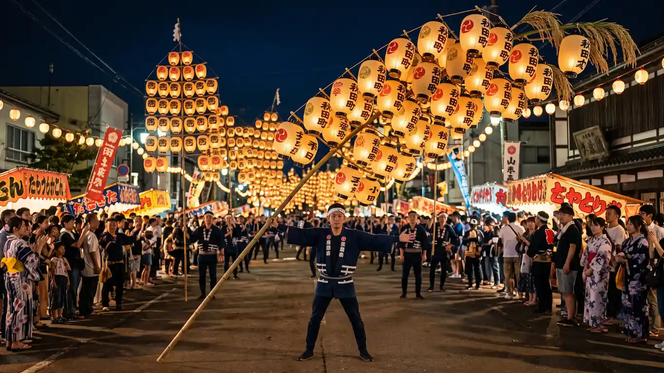 Festivales de verano en japón guía de matsuri y etiqueta - festival kanto matsuri akita japon faroles bambu Un atleta japonés equilibra un gran poste de bambú cargado de faroles de papel encendidos durante el festival nocturno kanto matsuri en akita, japón, rodeado de una multitud de espectadores
