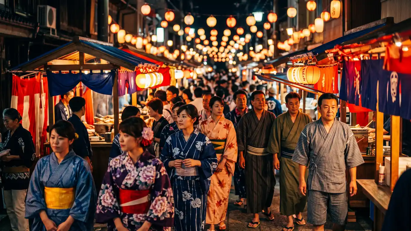 Festivales de verano en japón guía de matsuri y etiqueta - festival nocturno matsuri japon gente yukata Multitud de personas con yukatas tradicionales paseando por una calle estrecha en uno de los festivales de verano en japón o matsuri. Iluminado por hileras de farolillos de papel naranja y puestos de comida yatai con cortinas rojas y azules