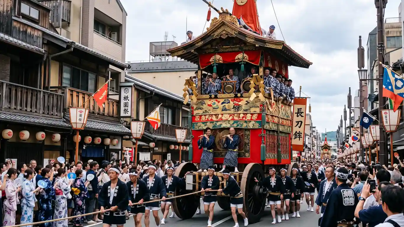 Festivales de verano en japón guía de matsuri y etiqueta - gion matsuri carroza madera kyoto Fotografía de la carroza de madera gion matsuri, con músicos tocando, siendo tirada por decenas de personas a través de las calles históricas de kyoto, llena de espectadores en un día nublado