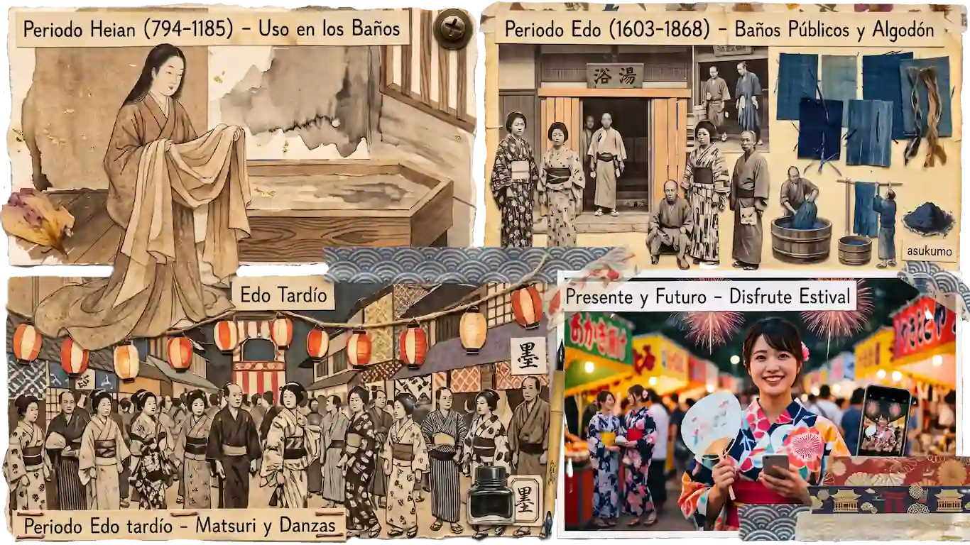 Guía para vestir el yukata en los festivales de verano en japón - historia evolucion yukata japon periodo heian edo presente Collage ilustrativo de la evolución del yukata japonés a través de la historia: periodo heian con baños de vapor, periodo edo con baños públicos y algodón, periodo edo tardío con festivales de matsuri, y el presente con uso festivo moderno
