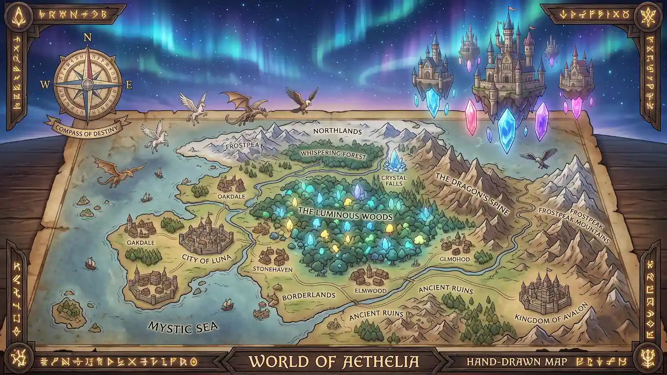 ¿por qué el isekai domina el mercado actual del anime? - mapa isekai fantasia castillos flotantes bosques magicos Ilustración conceptual estilo anime de un vasto mapa de fantasía isekai, que muestra castillos flotantes, densos bosques mágicos con árboles brillantes, montañas imponentes y criaturas mitológicas volando, bajo un cielo lleno de estrellas y auroras.