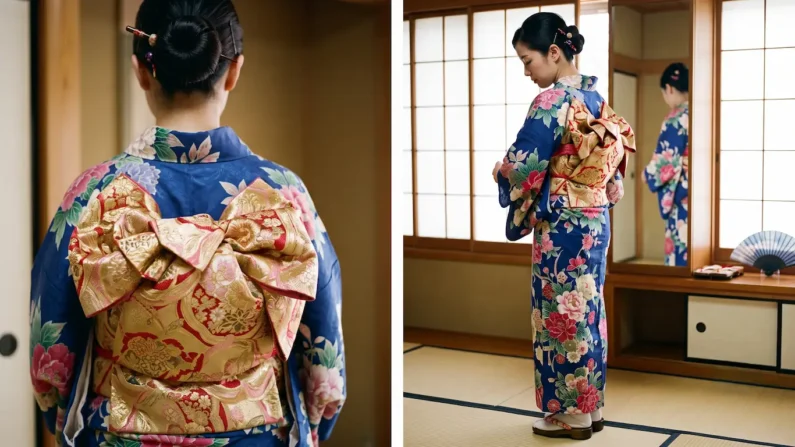 Guía para vestir el yukata en los festivales de verano en japón - mujer japonesa kimono tradicional vestidor tatami Una imagen compuesta de dos paneles que muestra a una mujer japonesa con un kimono tradicional azul con flores rosas y rojas. El panel izquierdo es un primer plano de su espalda, destacando un intrincado nudo de obi dorado y rosa. El panel derecho muestra a la mujer de cuerpo entero en una habitación tradicional de tatami con puertas shoji, mirándose en un espejo, con un abanico y calzado tradicional cerca