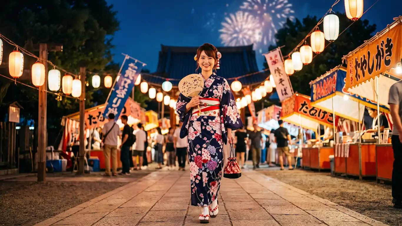 Una joven japonesa sonriente vestida con un yukata azul con estampado floral camina por una calle concurrida de un festival de verano (matsuri) por la noche, sosteniendo un abanico y un bolso tradicional. El fondo está lleno de puestos de comida iluminados por farolillos y fuegos artificiales en el cielo
