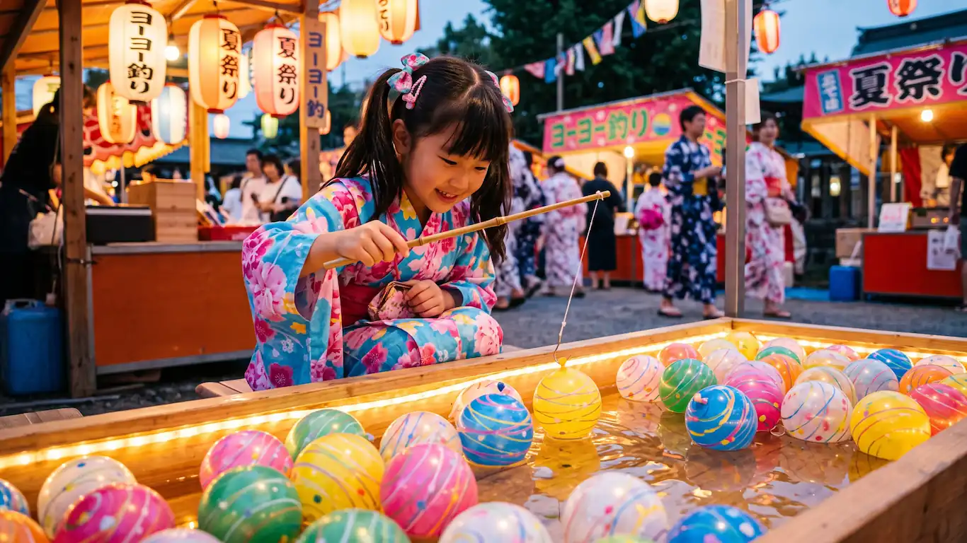 Festivales de verano en japón guía de matsuri y etiqueta - pesca globos agua yo yo tsuri matsuri japon Niña japonesa con yukata pescando globos de agua en un puesto de matsuri de verano, usando un gancho de papel