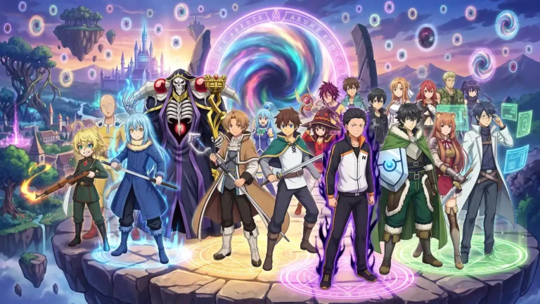 ¿por qué el isekai domina el mercado actual del anime? - portada anime isekai protagonistas populares reunion epica Una ilustración épica de estilo anime (poster de alta calidad) que reúne a los protagonistas más populares de isekai: tanya, rimuru, ainz ooal gown, rudeus, kazuma, subaru, naofumi y shiroe, posando juntos en un mundo de fantasía frente a un portal dimensional colosal