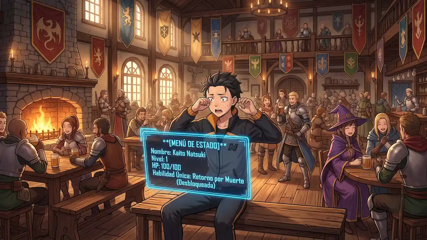 ¿por qué el isekai domina el mercado actual del anime? - protagonista isekai despertando gremio aventureros Ilustración estilo anime de un joven protagonista isekai despertando confundido en un gremio de aventureros medieval, rodeado de caballeros y magos, con una interfaz de estado de juego flotando frente a él.