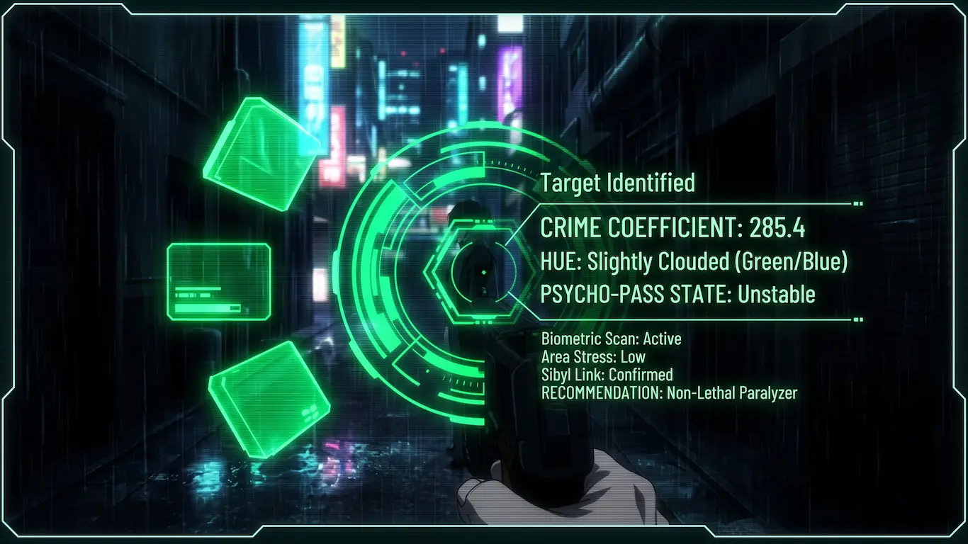 El verdadero origen del cyberpunk anime en japón y el impacto de akira y ghost in the shell - psycho pass sistema sibyl vigilancia Vista en primera persona apuntando con un arma dominator donde se aprecia la interfaz verde del sistema sibyl escaneando el coeficiente de criminalidad.