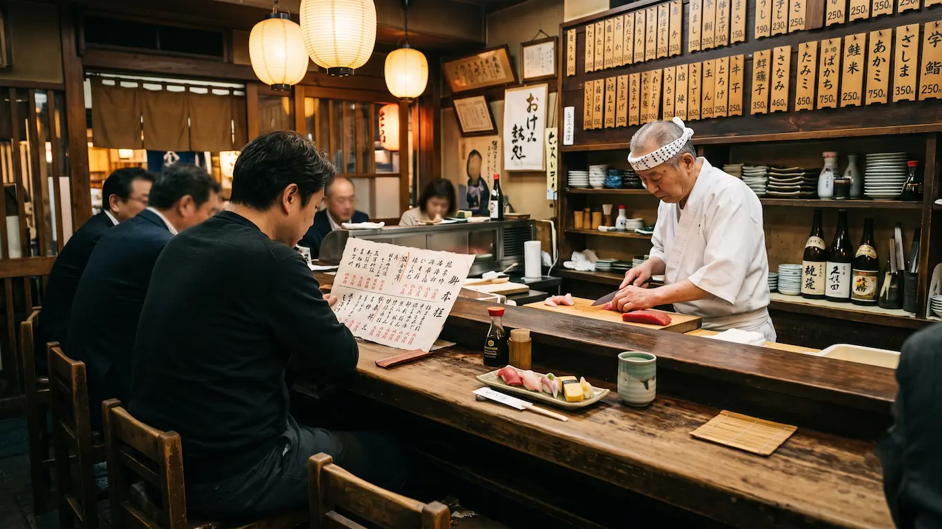Cómo leer un menú de sushi: kanjis básicos para no pedir a ciegas - restaurante japones tradicional barra sushi tokio Cliente leyendo un menú manuscrito en la barra de madera de un restaurante japonés tradicional en tokio, con el chef preparando sushi al fondo
