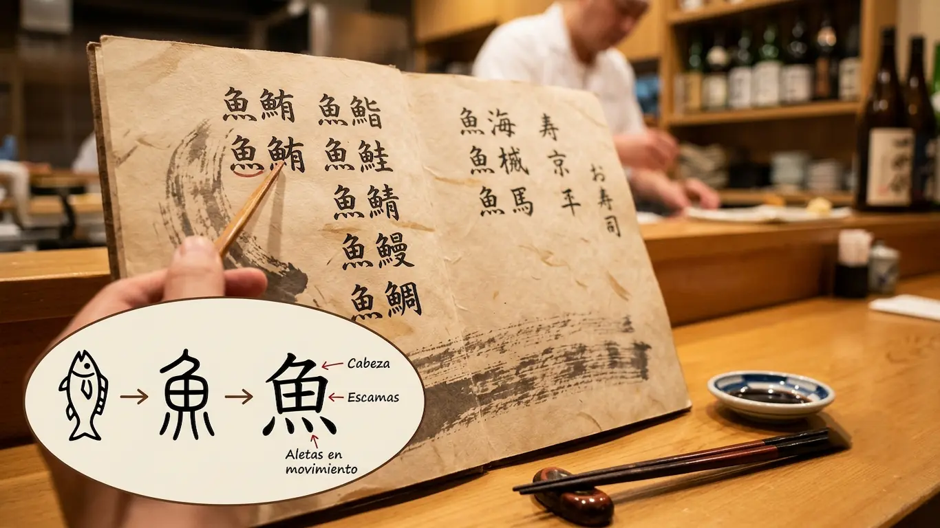 Cómo leer un menú de sushi: kanjis básicos para no pedir a ciegas - significado kanji pescado menu sushi Infografía y fotografía de un menú de sushi tradicional en japonés que explica el origen y significado del radical kanji para pescado (魚), mostrando la evolución desde un pictograma a la estructura con cabeza, escamas y aletas