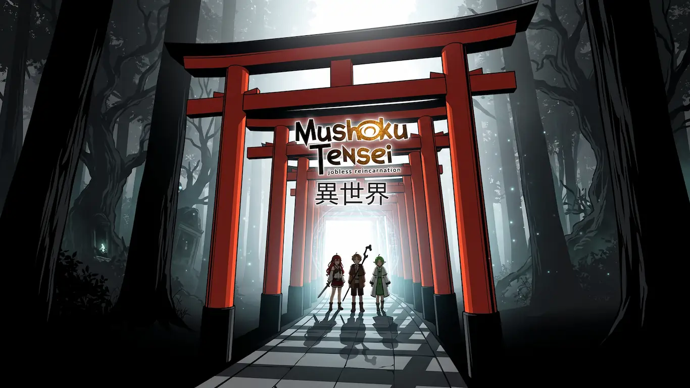 ¿por qué el isekai domina el mercado actual del anime? - templo fushimi inari portal magico isekai Ilustración estilo anime de un camino infinito de puertas torii rojas iluminadas por faroles en un bosque brumoso, simulando un portal de reencarnación a otra dimensión.