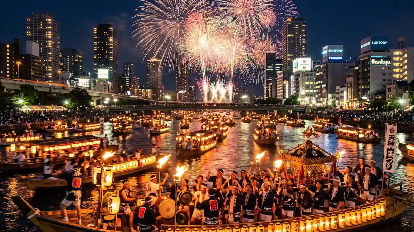 Festivales de verano en japón guía de matsuri y etiqueta - tenjin matsuri osaka fuegos artificiales rio Celebración nocturna del festival tenjin matsuri en osaka con procesión de barcos iluminados por linternas en el río y fuegos artificiales sobre el horizonte de la ciudad