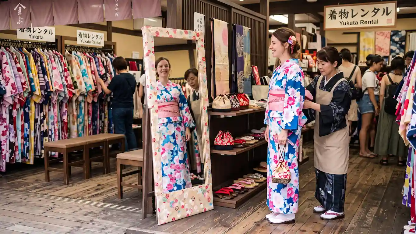 Guía para vestir el yukata en los festivales de verano en japón - tienda alquiler yukata turista japon Una turista sonríe mientras una empleada le ajusta un yukata floral azul en una tienda de alquiler en japón, rodeadas de estantes de ropa.