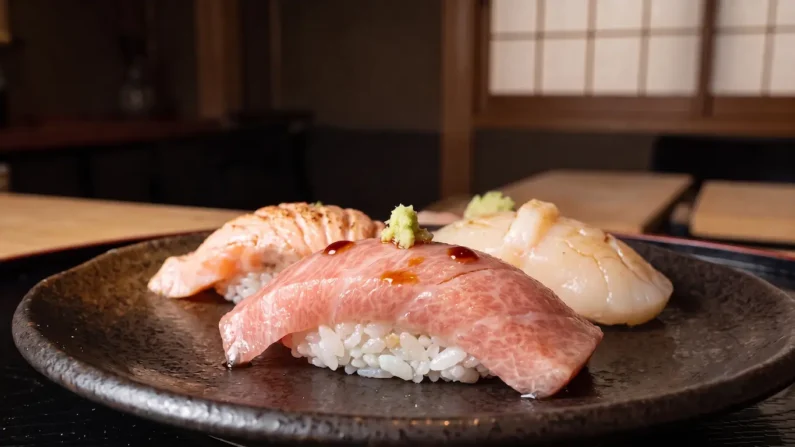Fotografía en primer plano de tres piezas de sushi nigiri premium: otoro (atún graso) con wasabi, salmón y vieira, servidas en un plato de cerámica oscuro en un restaurante tradicional japonés con fondo de shoji