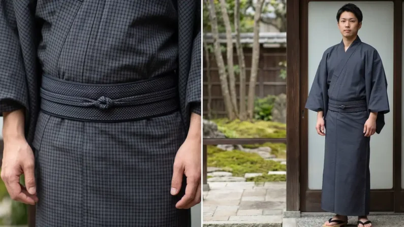 Guía para vestir el yukata en los festivales de verano en japón - yukata masculino tradicional gris Un hombre japonés vistiendo un yukata tradicional gris con patrón de cuadros koshi, mostrando el nudo del obi a la izquierda y un plano completo a la derecha, en un jardín japonés.